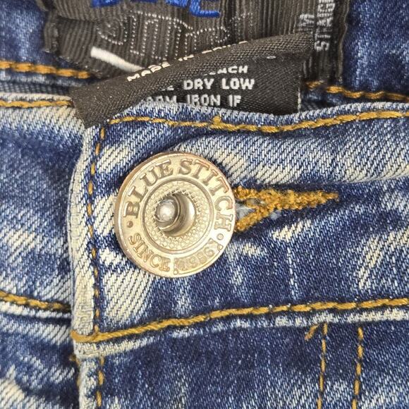 Blue Stitch Slim Straight Men's Blue Jeans Distressed 38W 32L Punk Grunge Skater - Picture 5 of 9